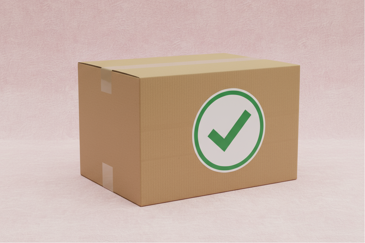 hazme una caja de envios, con un fondo rosado claro, con un sticker que salga un ticket 